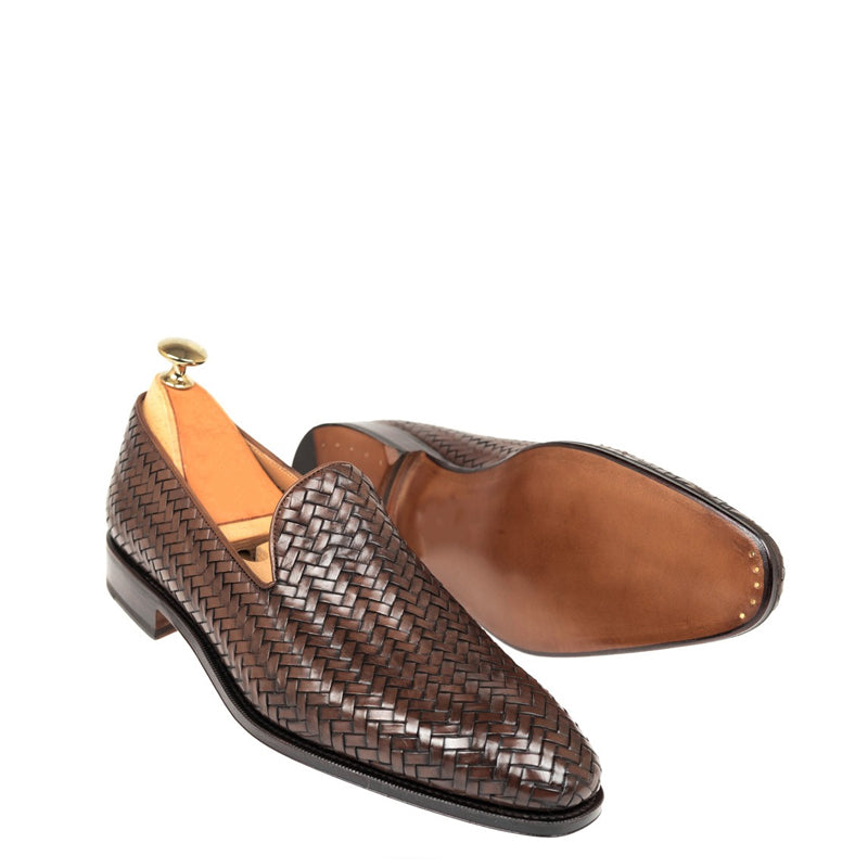 Woven Print Braided Italian Leather Brown Loafer