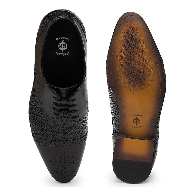 Men Handmade Leather Black Woven Textured Oxford Shoe