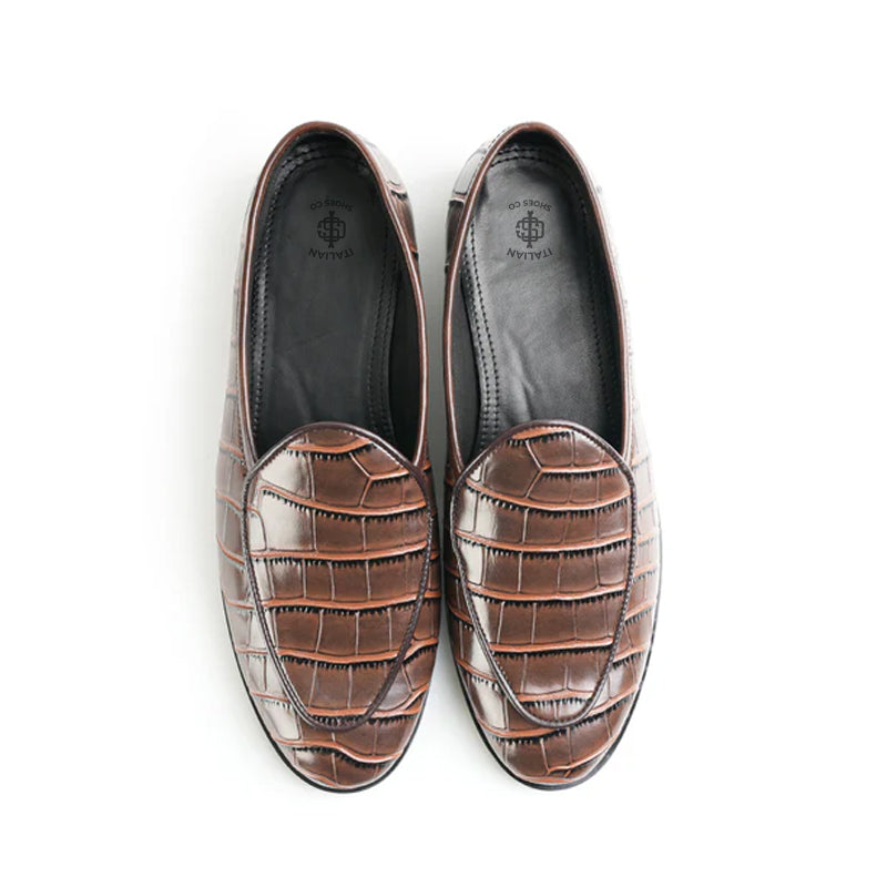 Croc Effect Slip-On Leather Loafers