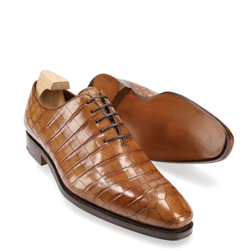 Croco Print Wholecut Leather Oxford Shoe Tan