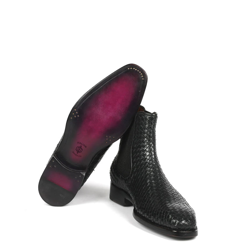 Woven Handmade Shiny Leather Chelsea Black Boot