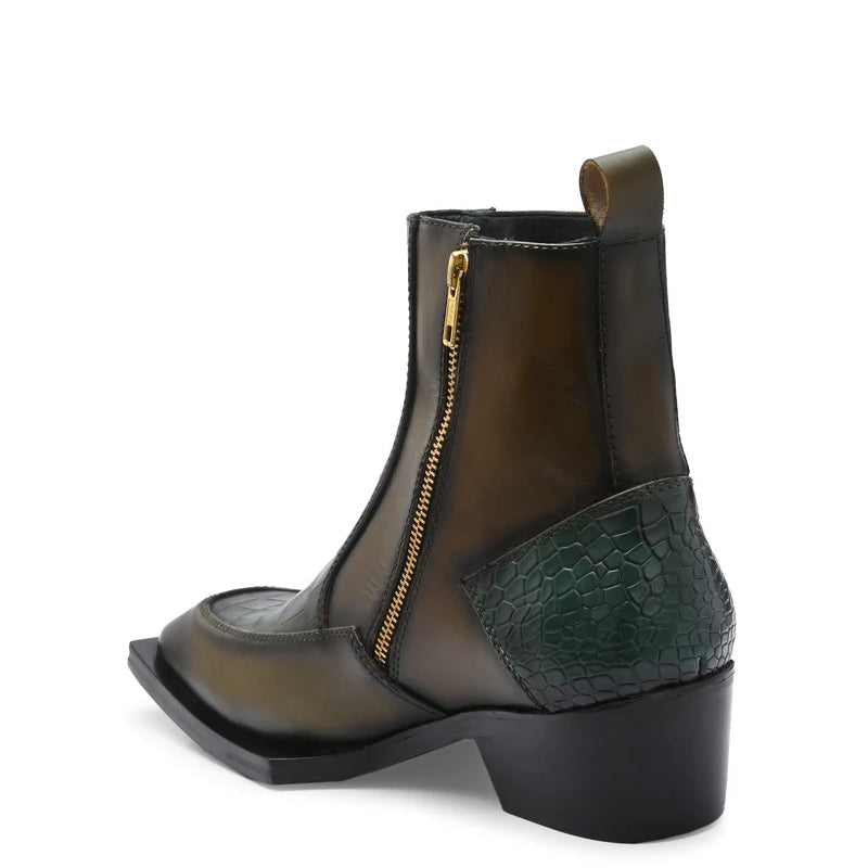 Luxury Croco Textured Leather Side-Zipper Boot Green and Brown