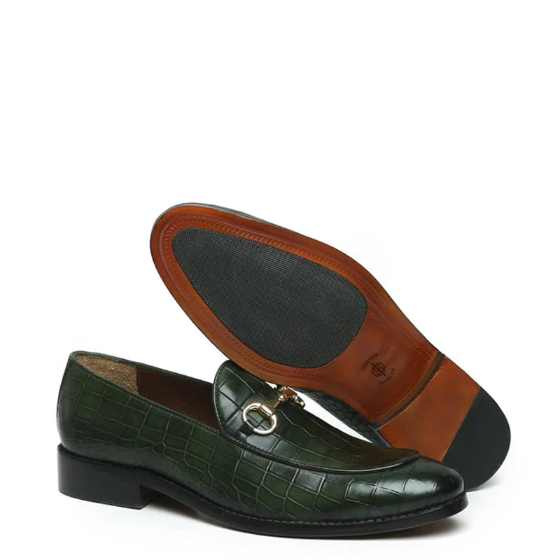 Croco Deep Cut Horse-bit Buckled Leather Dark Brown Loafer