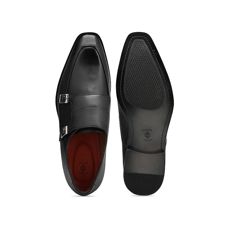 Plain Polished Leather Double Monk Shoe Black