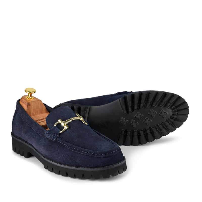Suede Leather With Horse-bit Buckled Blue Loafer