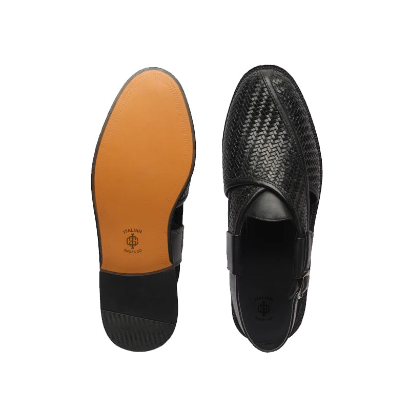 Woven Back Strap Leather Peshawari Black Sandal