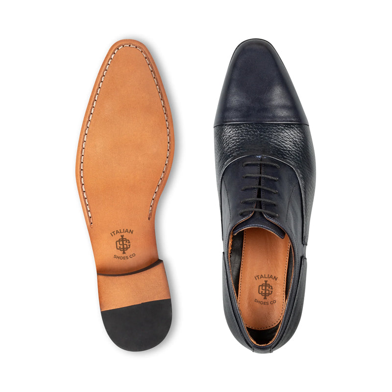 Pure Handmade Leather Textured Oxford Shoe Blue