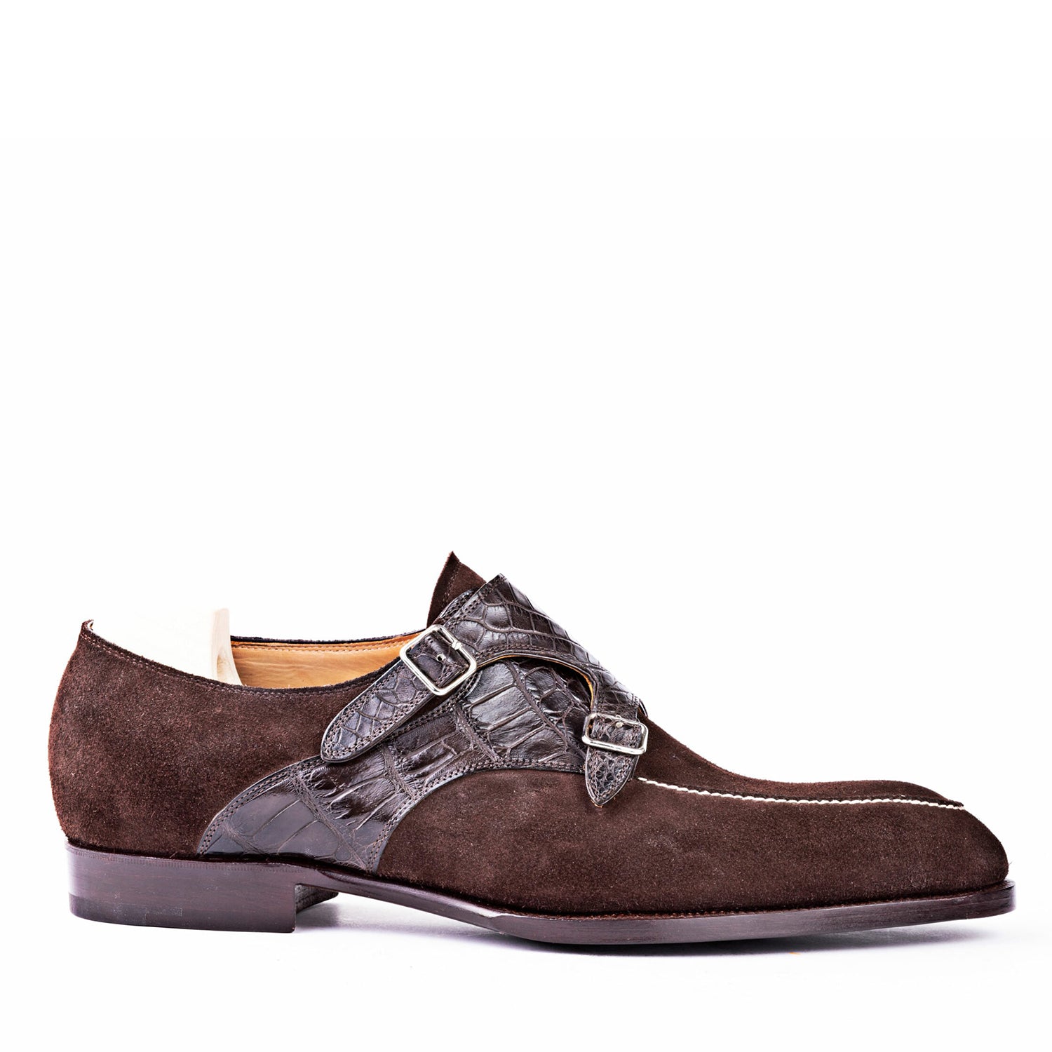Suede Leather Croc Print Double Monk Strap Shoe