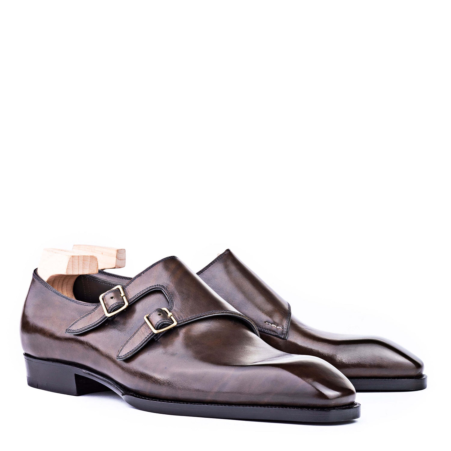 Classic Shiny Leather Double Monk Strap Dark Brown Shoe