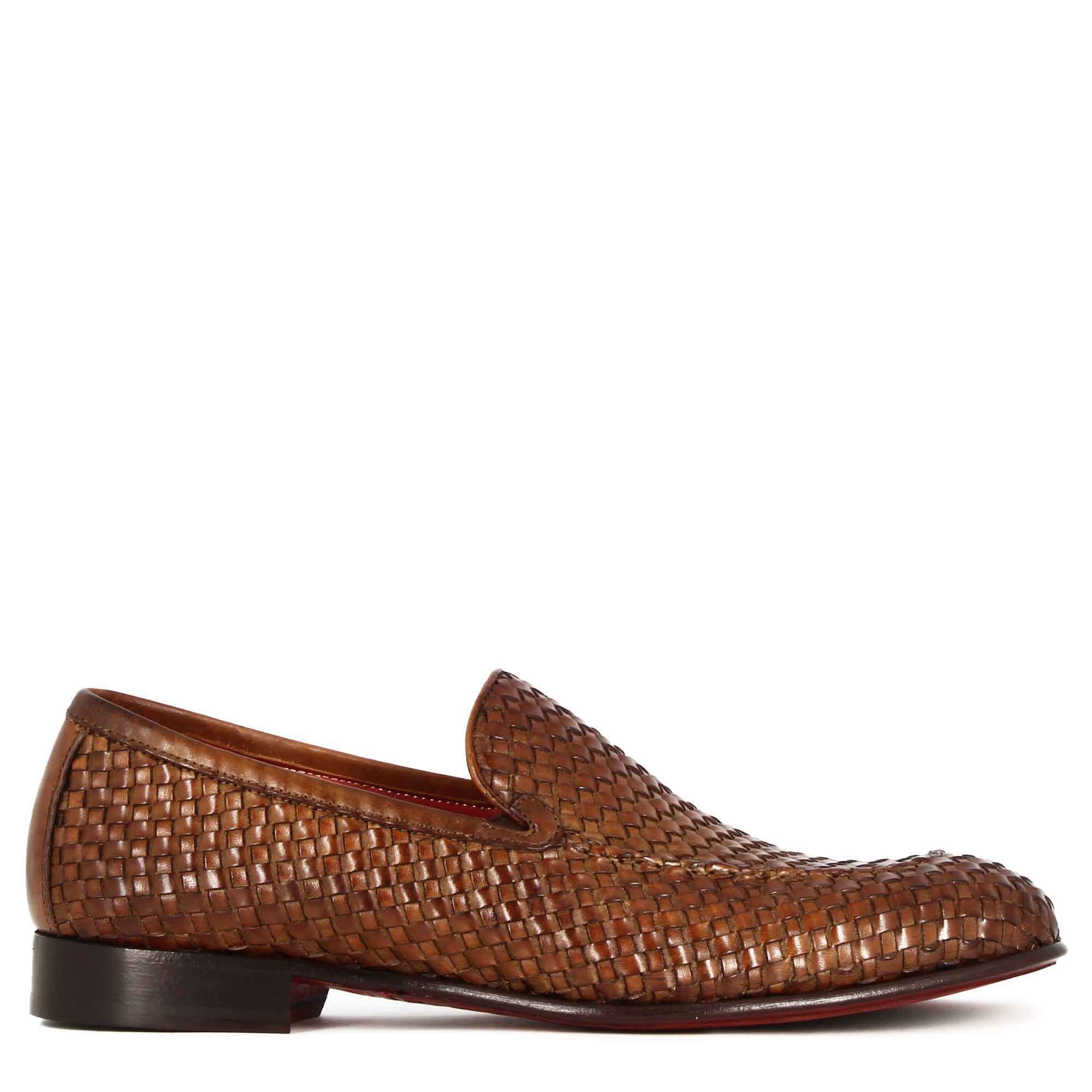 Light Brown Woven Leather  Loafers