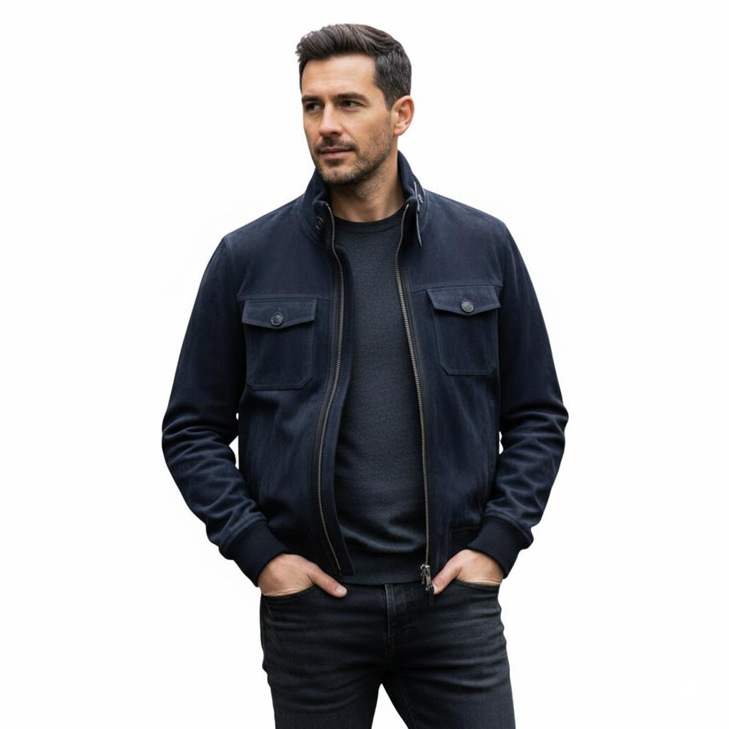 Italian Blue Suede Bomber Jacket