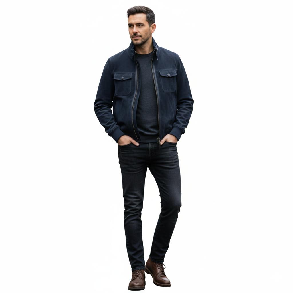 Italian Blue Suede Bomber Jacket