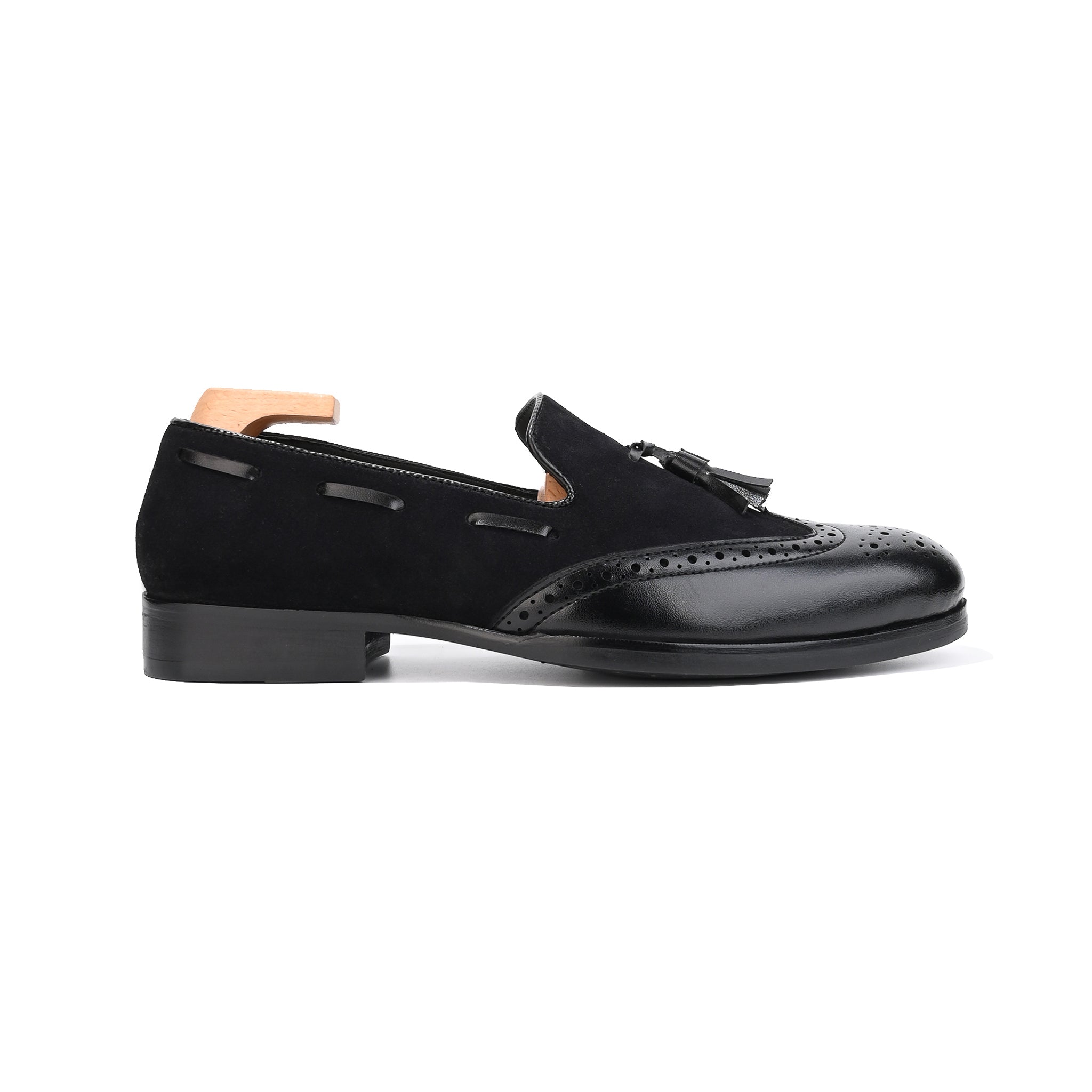 Black Leather Suede Tassel Loafers