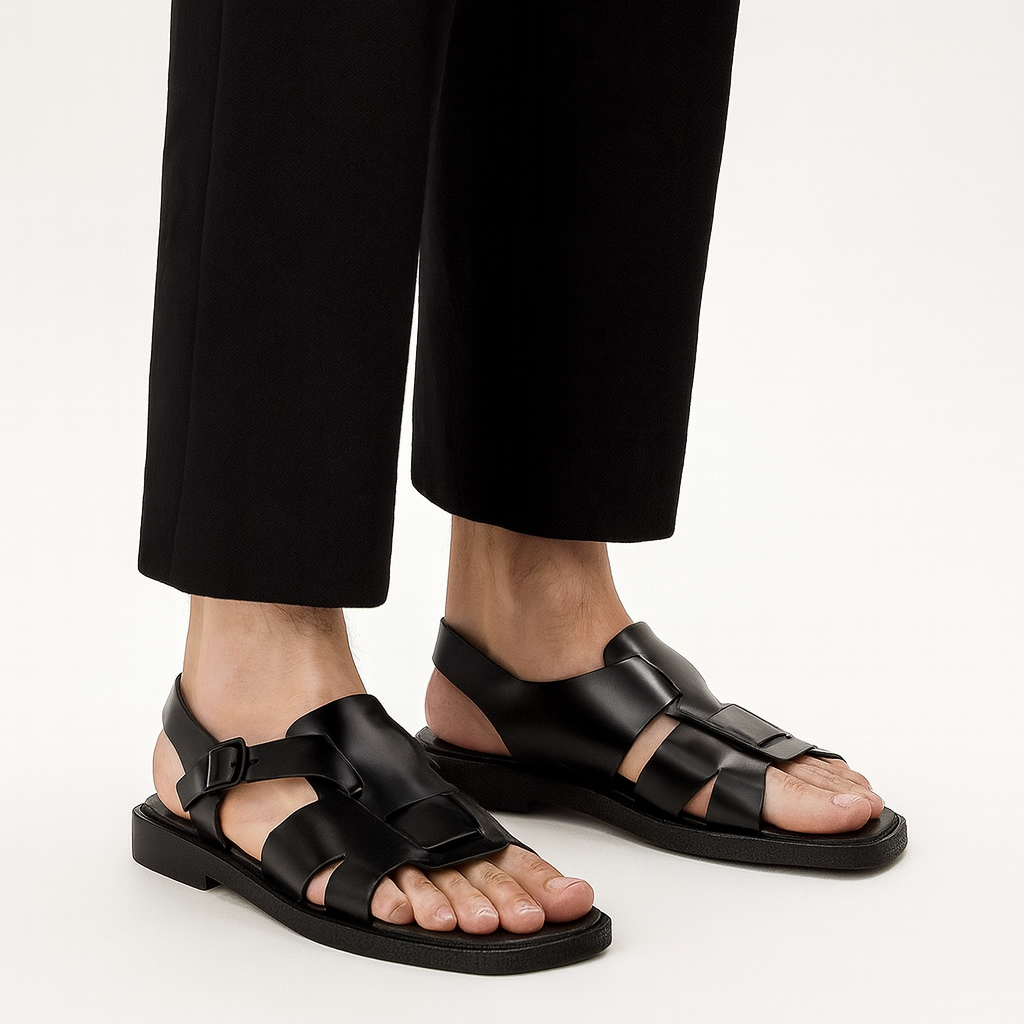Men's Square-Toe Black  Fisherman Sandal