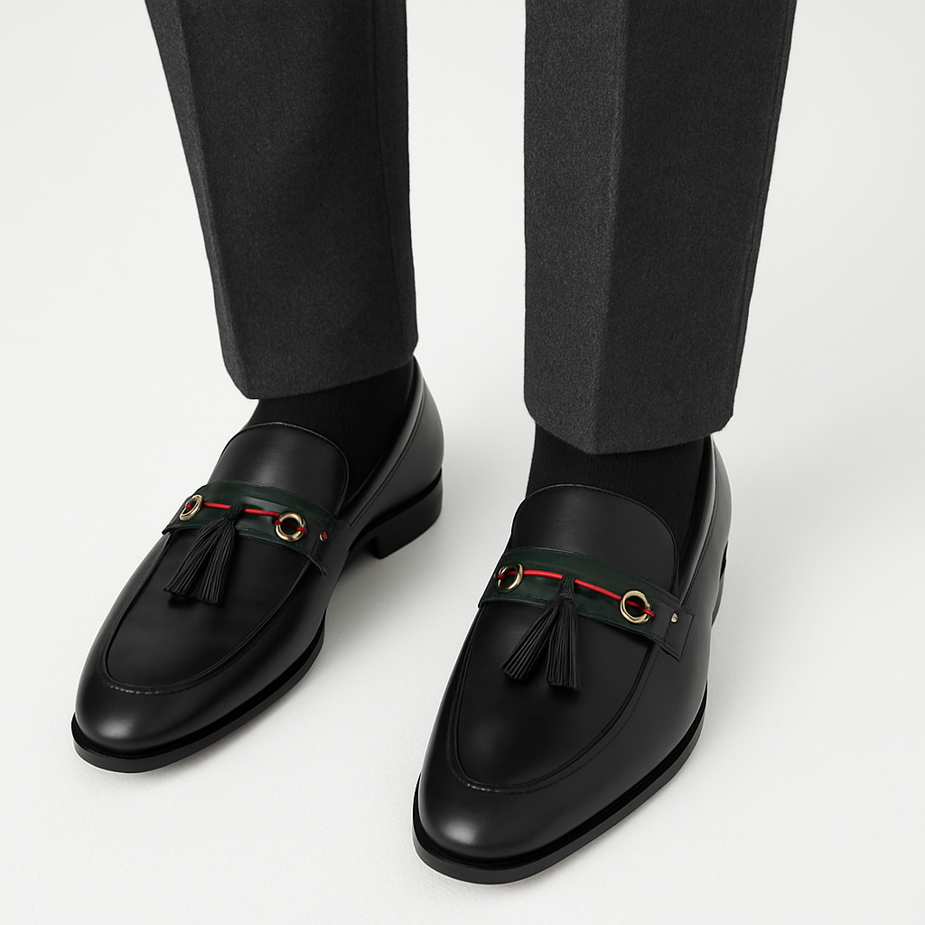Black Leather Web Detailed Loafers