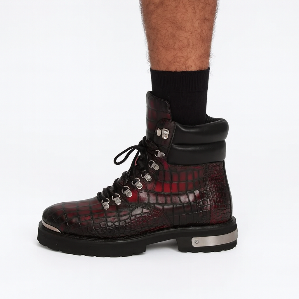 Croco Deep Cut Leather Lace-UP Ankle Boot Black