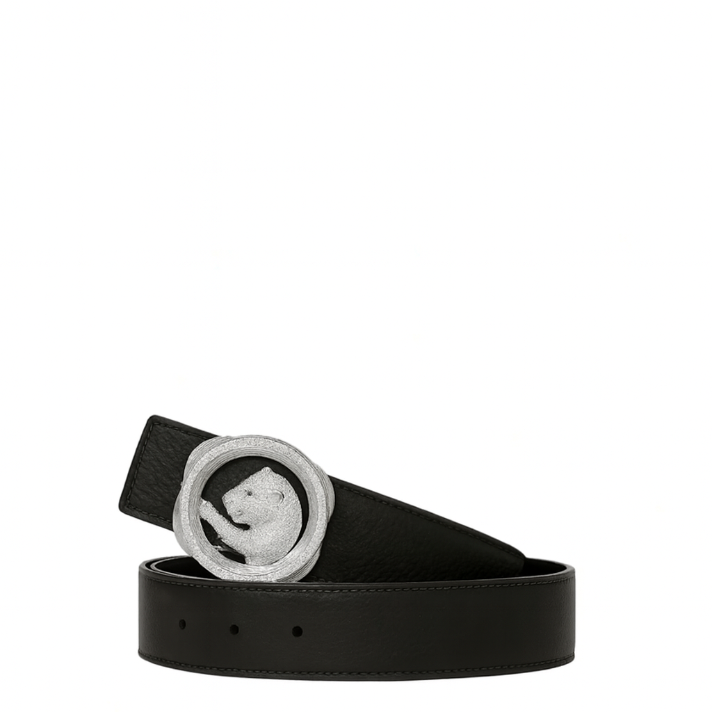Italain Silver Regal Jaguar Buckle Belt with Black Leather Strap