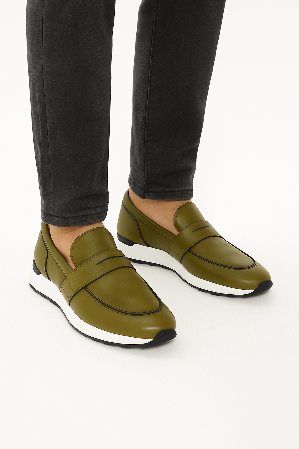 Olive Green Leather Men's Sneakers
