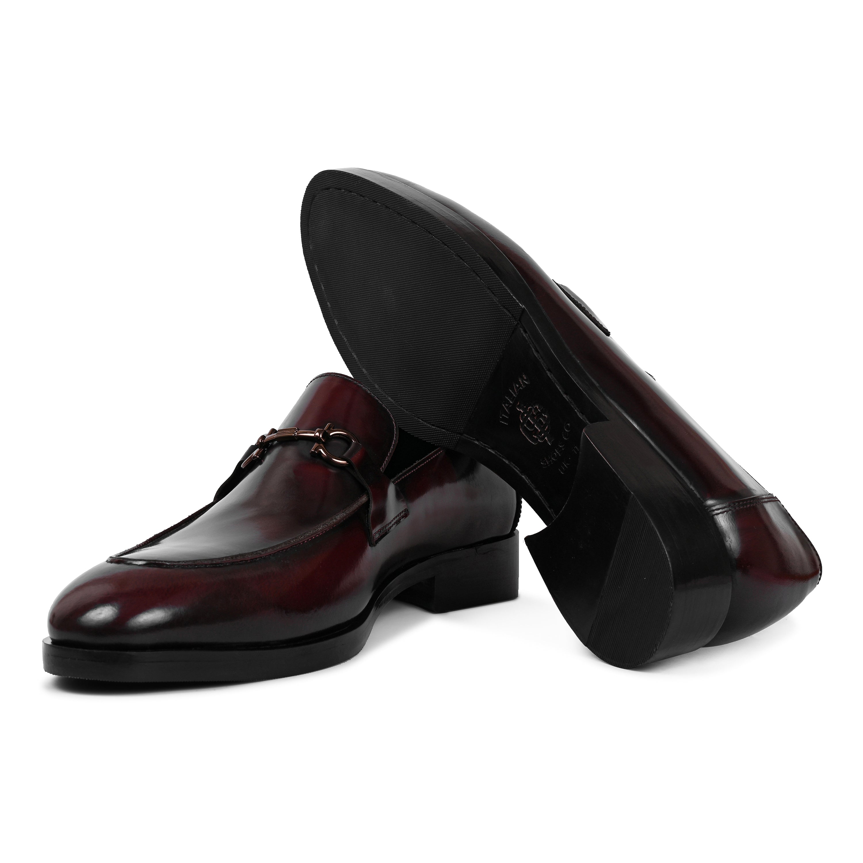 Polished Shiny Leather Horsebit Buckled Burgundy Loafer