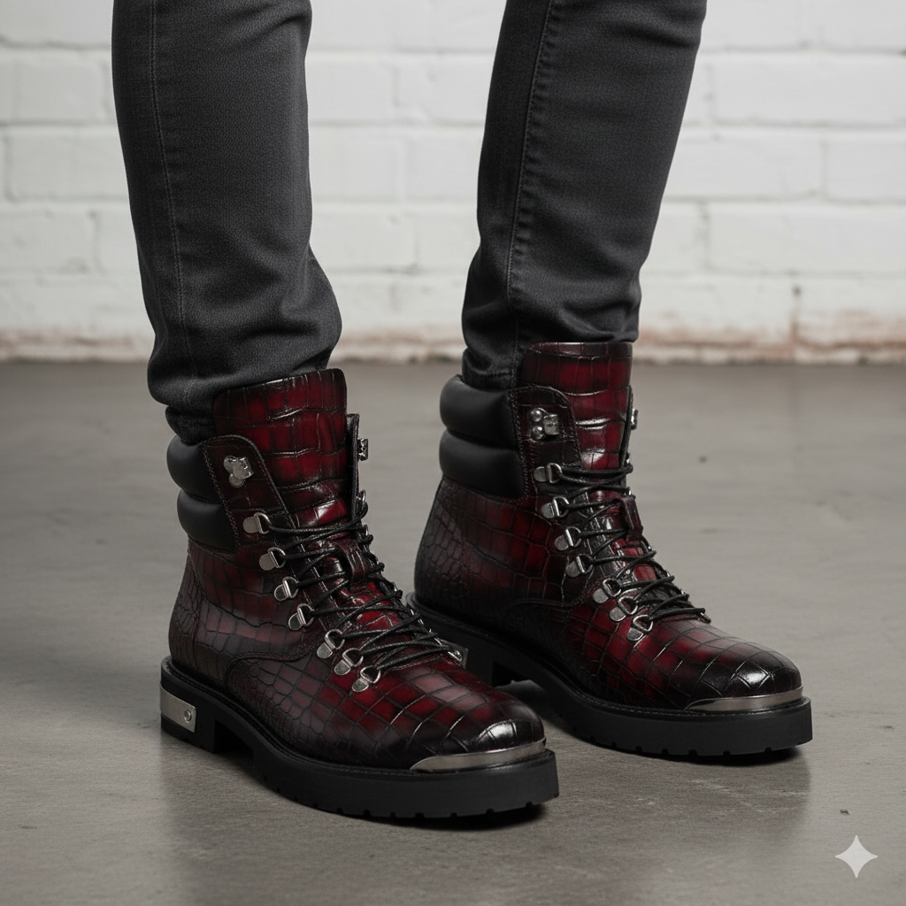 Croco Deep Cut Leather Lace-UP Ankle Boot Burgundy