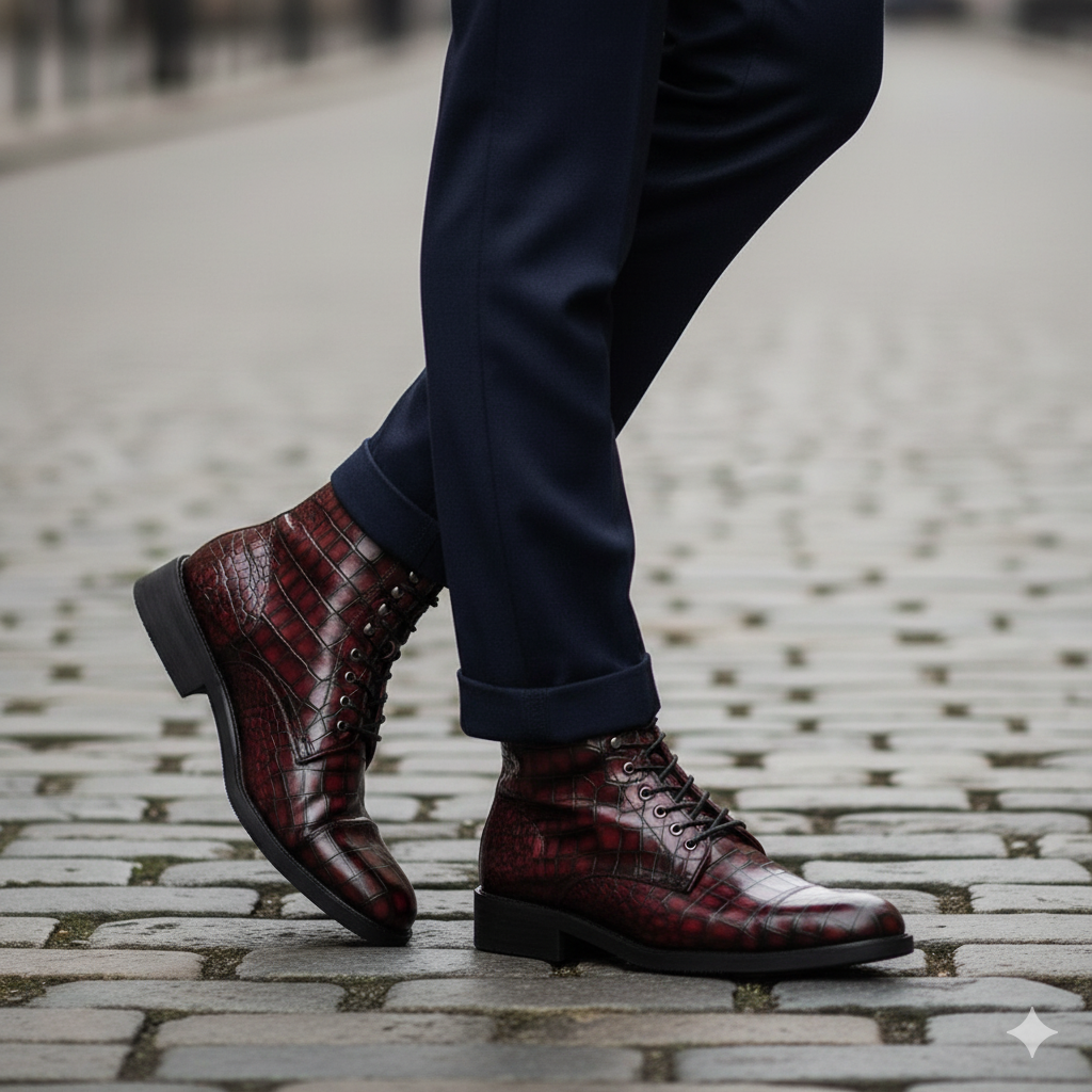 Croco Leather Lace-Up High Ankle Boot Burgundy
