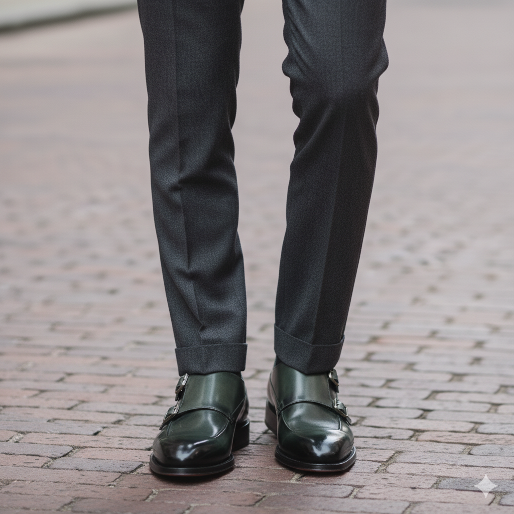 Men Cap-Toe Double Strap Green Monk Shoe