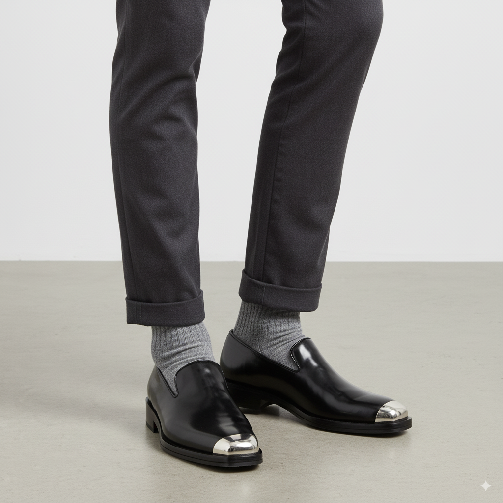 Men Silver Toe Solid Leather Loafers