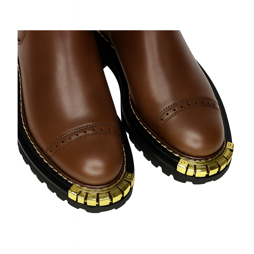 Luxury Brown Ankle Boots for Womens with Gold-accent Toe Detail