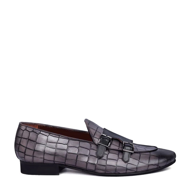 Deep Cut Croco Double Monk Grey Shoe For Men