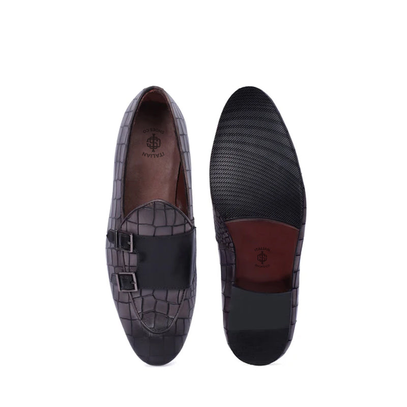 Deep Cut Croco Double Monk Grey Shoe For Men