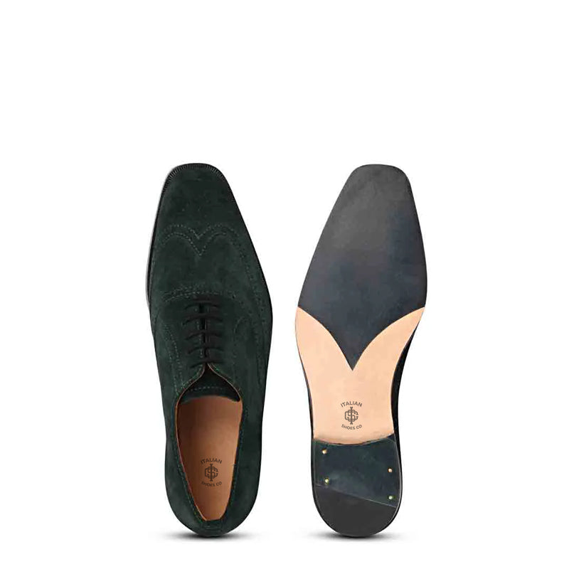 Leather Square Toe Lace Up Green Wingtip Oxford Shoe