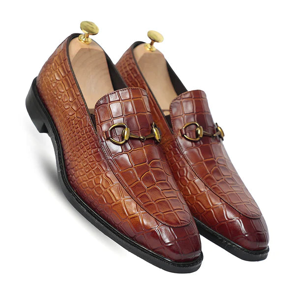 Black Horse Bit Croco Slip On Loafers