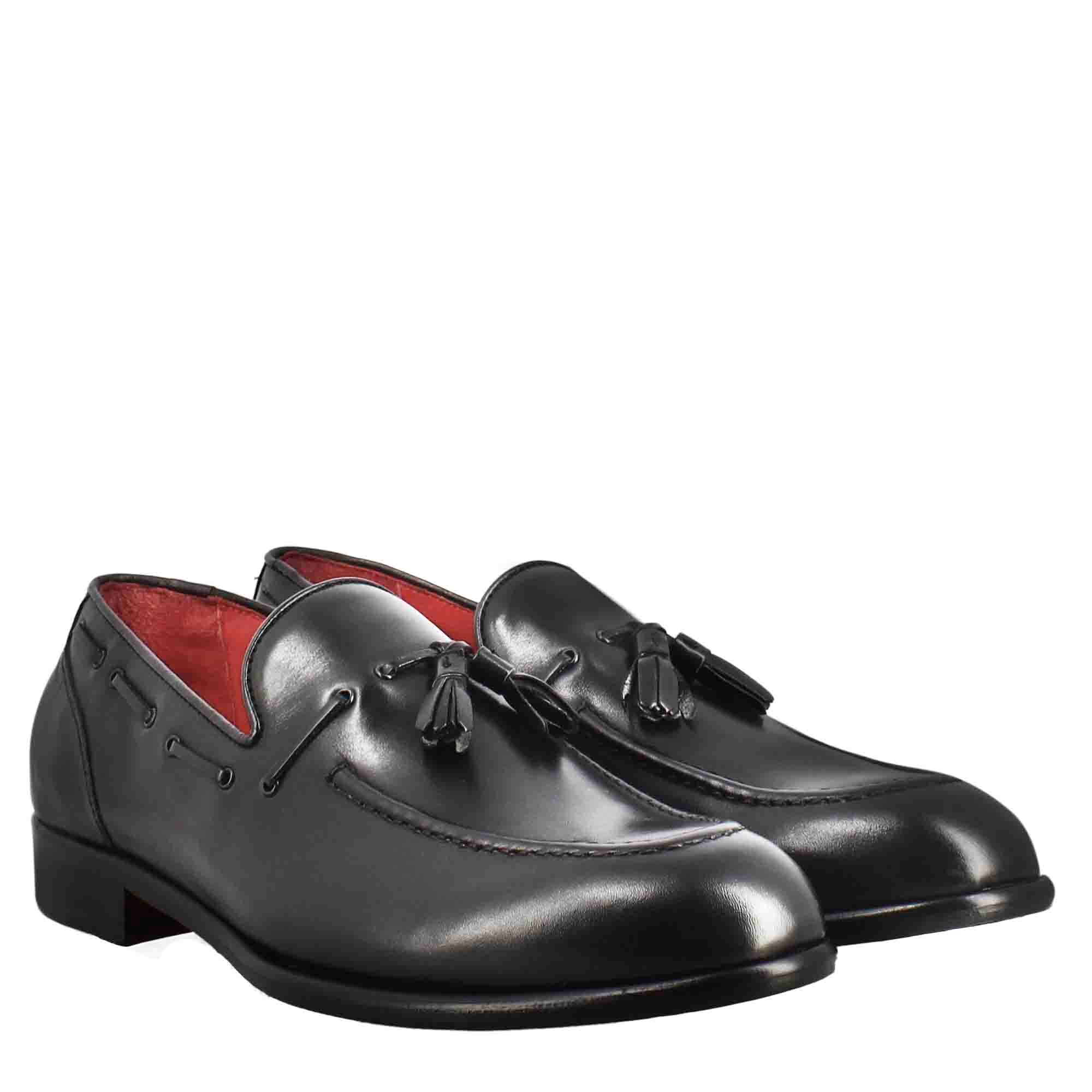 Black Leather Tassel Moccasin