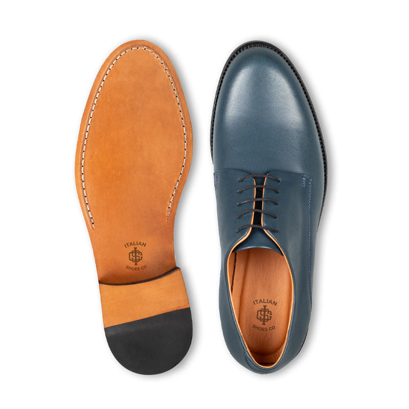 Polished Plain Italian Leather Derby Shoe Blue