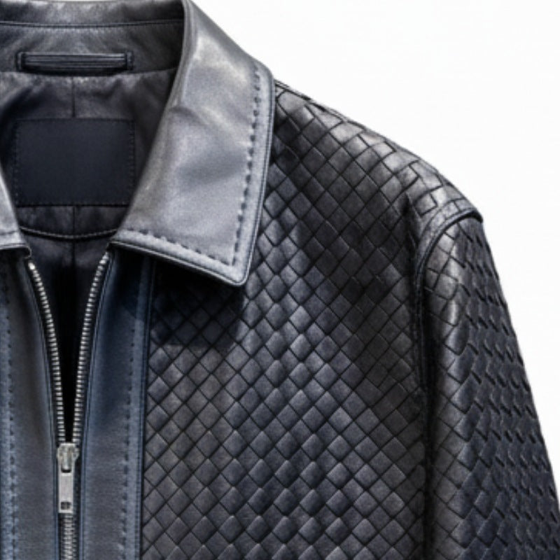 Luxury Black Woven Textured Leather Jacket