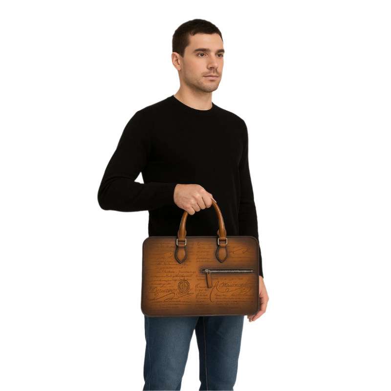 Luxury Handcrafted Printed Leather Black Briefcase