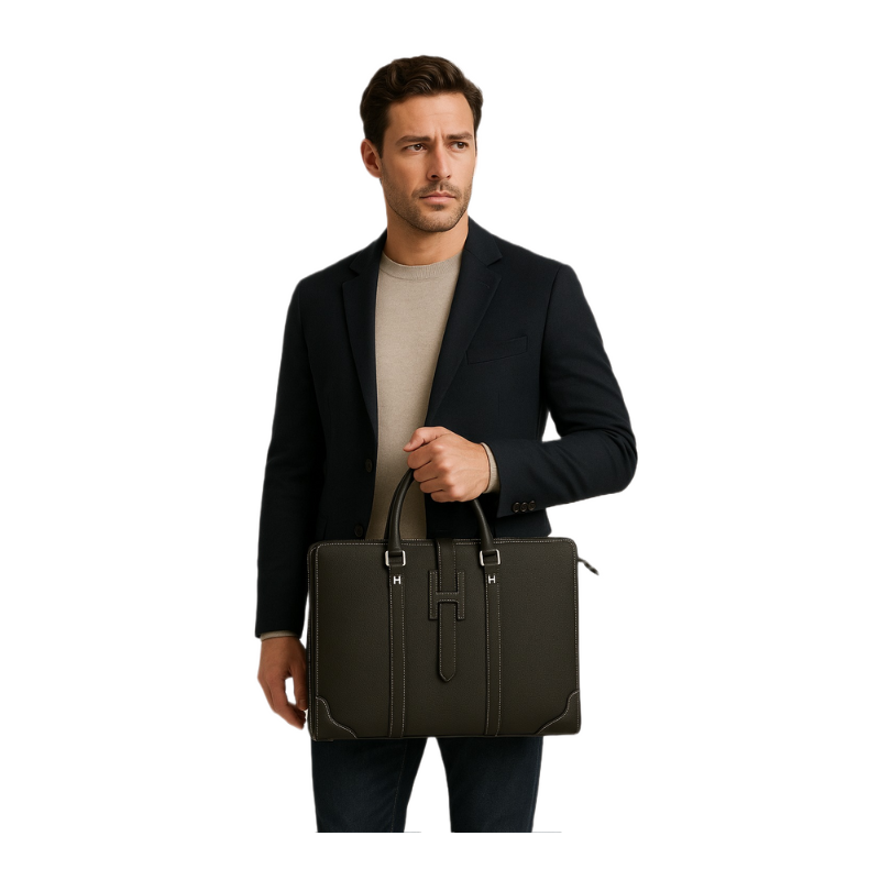 Italian Stylish Dark Grey Leather Briefcase Bag