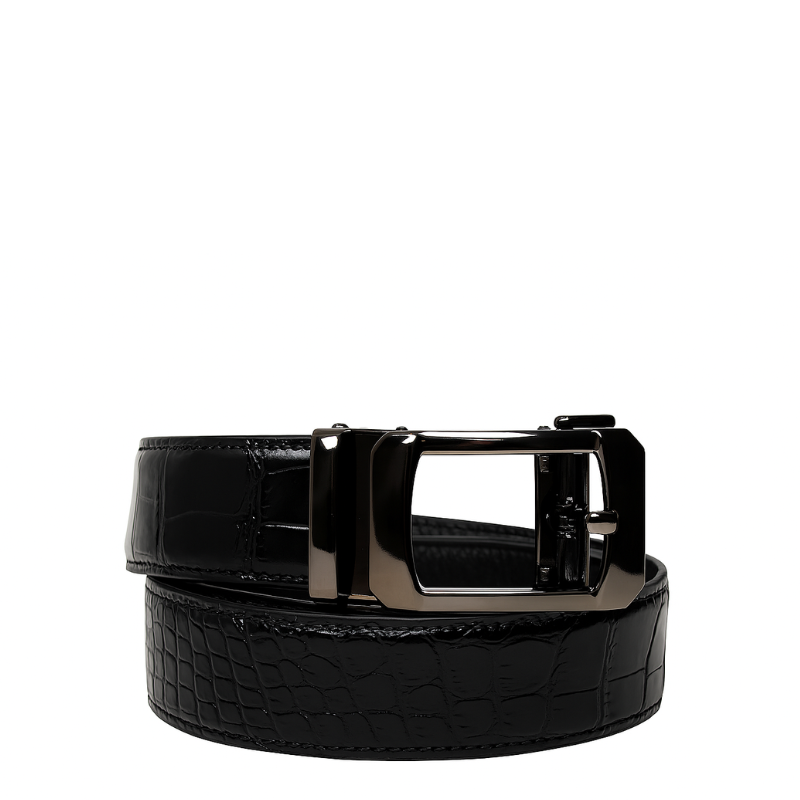 Croco Leather Black Strap Belt with Plain Frame Autolock Buckle