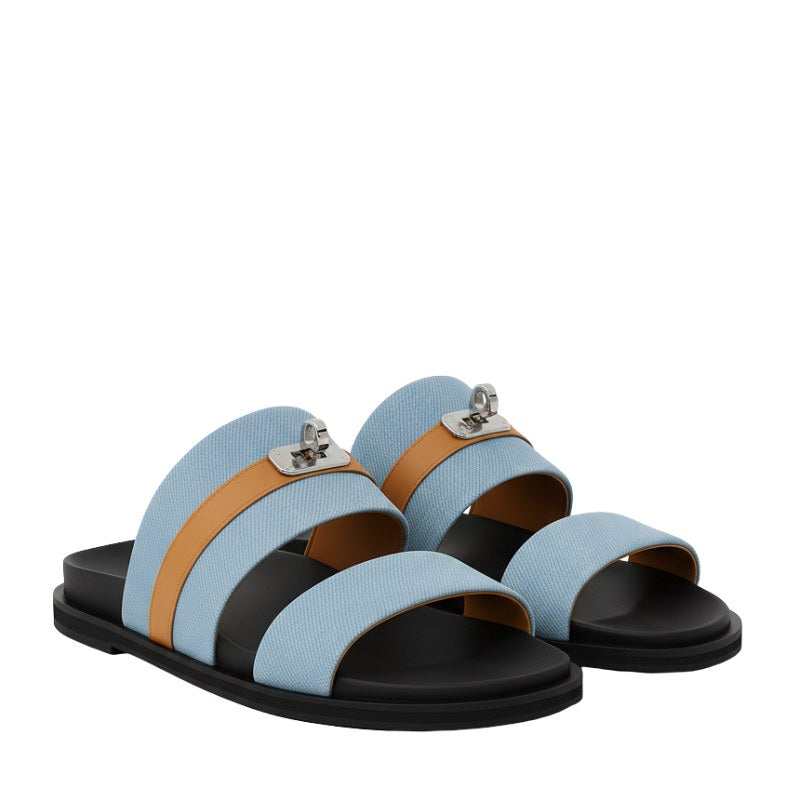 Light Blue Canvas Multi-Strap Comfort Slipper