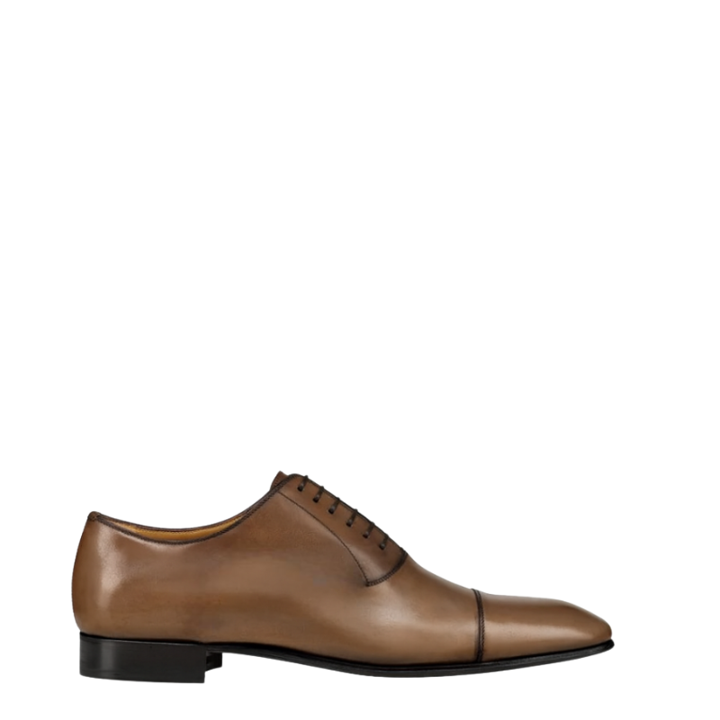 Elegant Polished Leather Brown Oxford Shoes With Cap Toe Closed Lacing