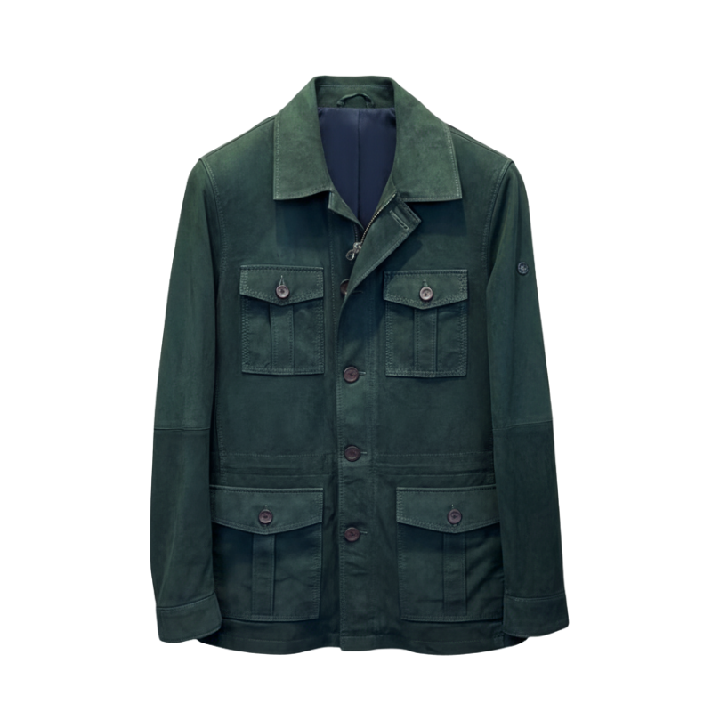 Luxury Dark Green Suede Four Flap Pockets Field Coat