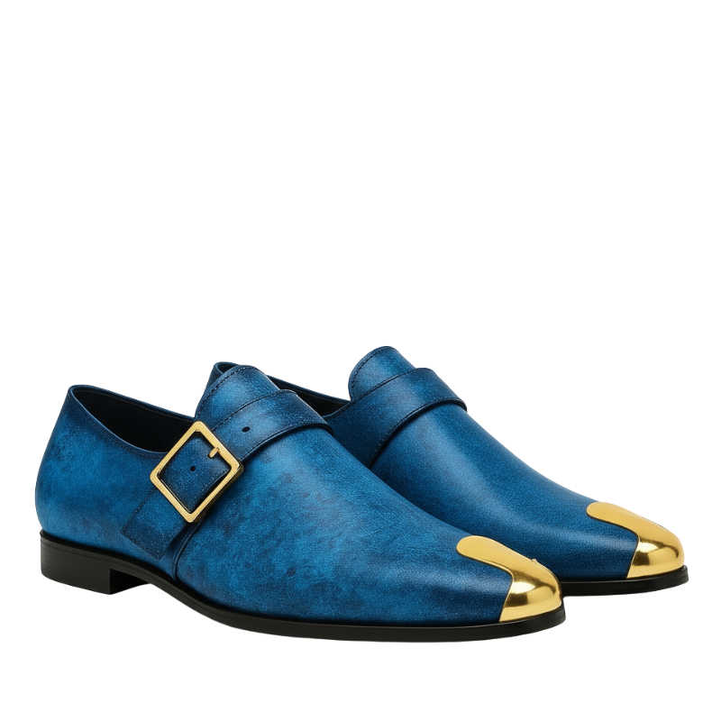 Luxury Oceanic Blue Leather Buckle Loafers With Golden Toe