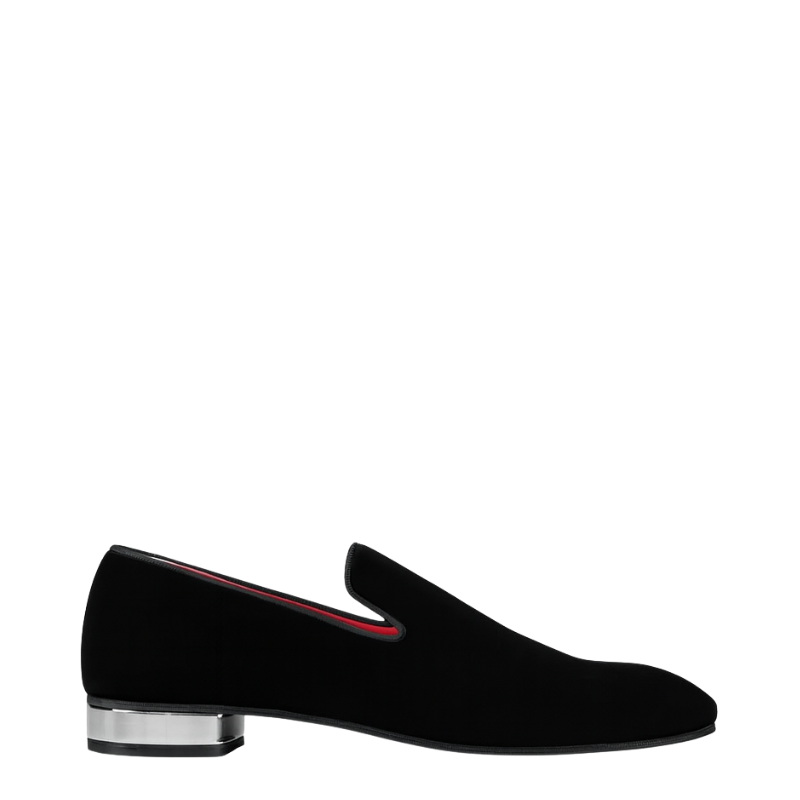 Velvet Black Loafers with Metallic Silver Heel Detailing