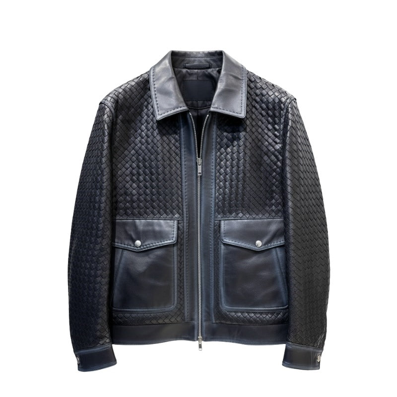 Luxury Black Woven Textured Leather Jacket