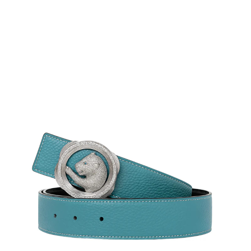 Italain Silver Regal Jaguar Buckle Belt with Turquoise Blue Leather Strap