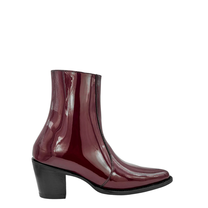 Patent Leather Wine Pointed-toe Side Zipper Ankle Boot