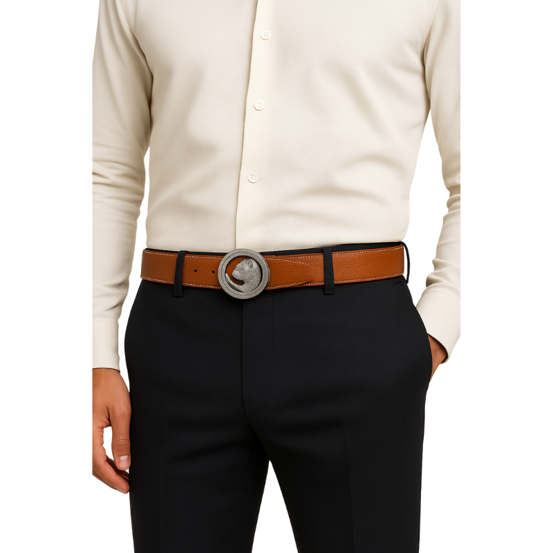 Italain Silver Regal Jaguar Buckle Belt with Brown Leather Strap