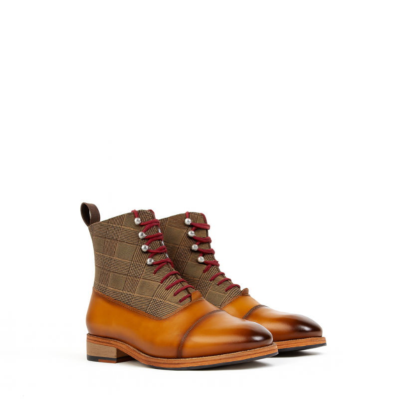 Men's Leather Tan Plaid Ankle Boot