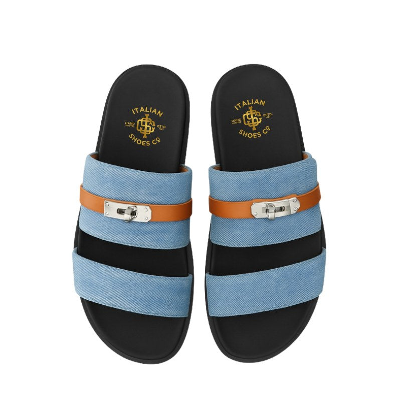 Light Blue Canvas Multi-Strap Comfort Slipper