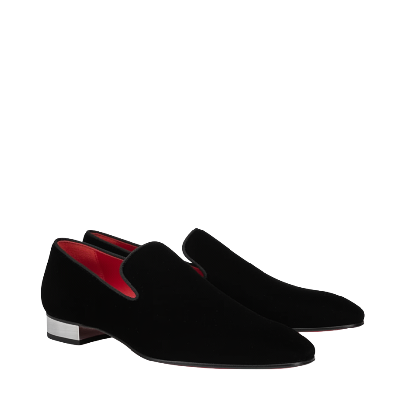 Velvet Black Loafers with Metallic Silver Heel Detailing